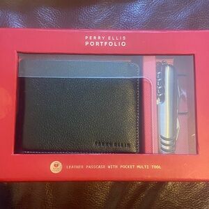 Perry Ellis Black Leather Passcase with Silver Multi Tool